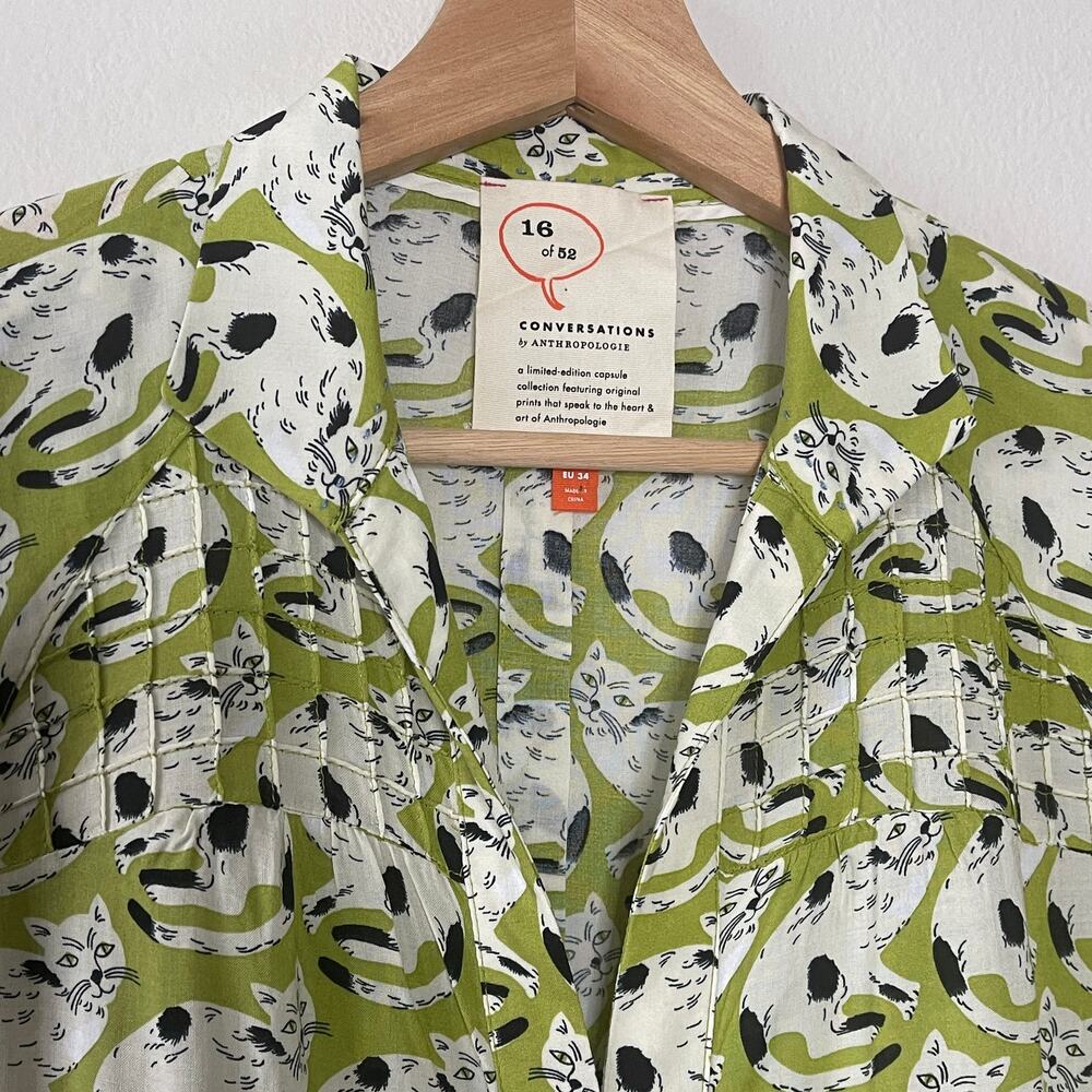 52 Conversations  by Anthropologie Colloquial Cat Print Shirt‎ Size 2 - Picture 3 of 9